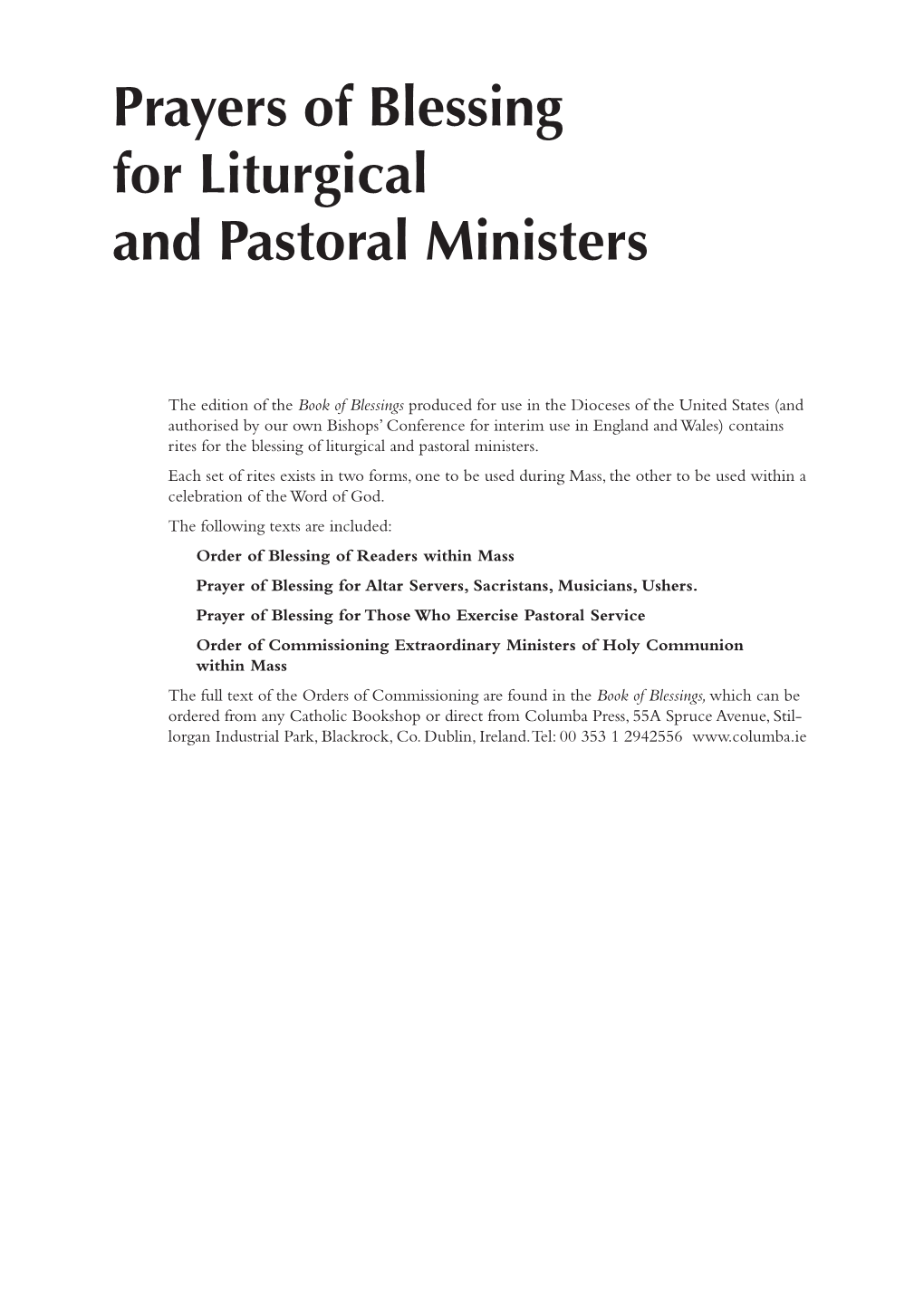 Prayers of Blessing for Liturgical and Pastoral Ministers