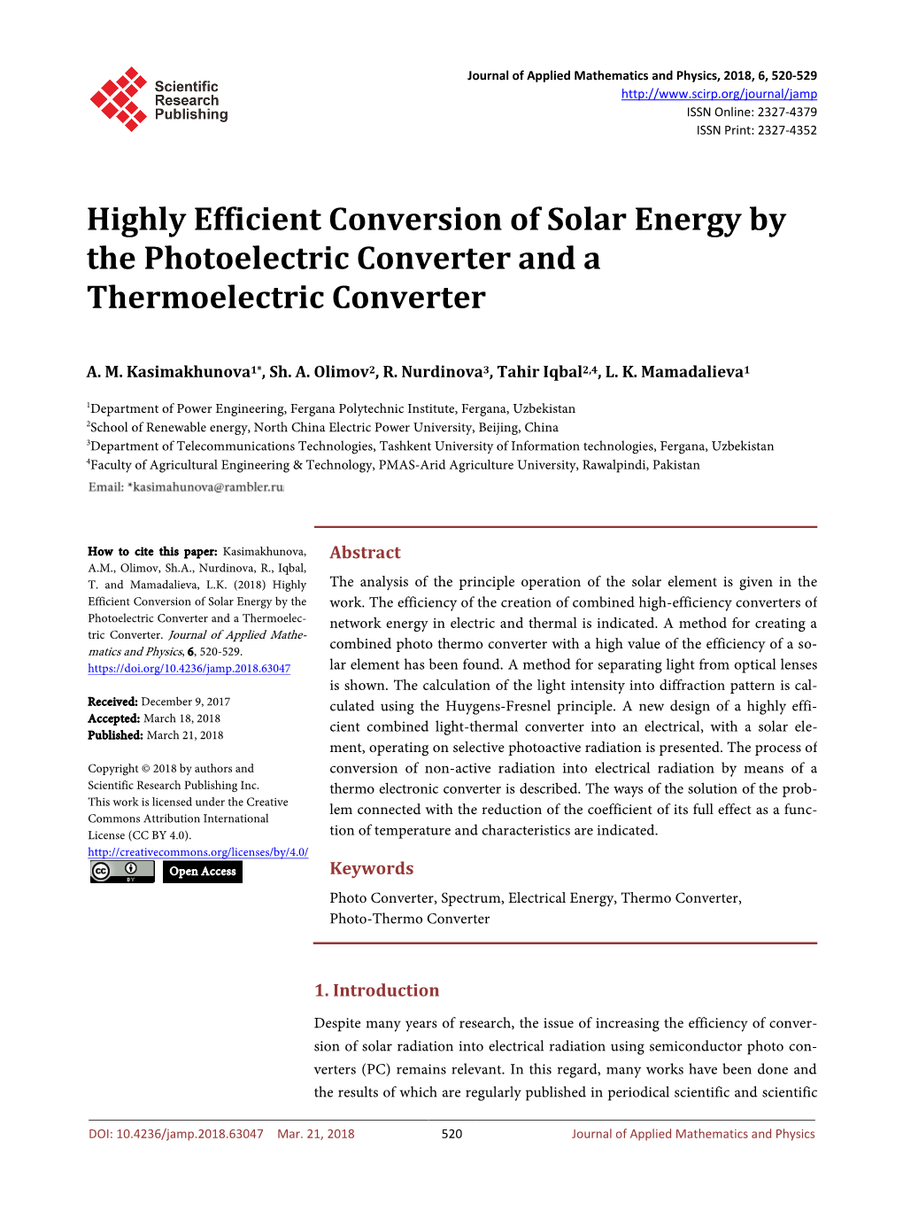 Highly Efficient Conversion of Solar Energy by the Photoelectric Converter and a Thermoelectric Converter