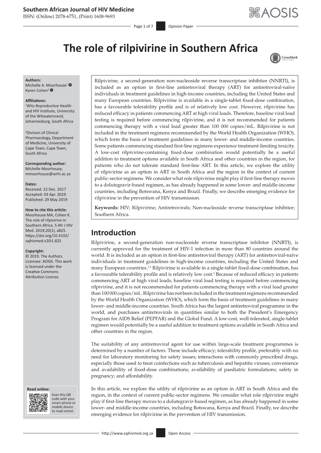 The Role of Rilpivirine in Southern Africa