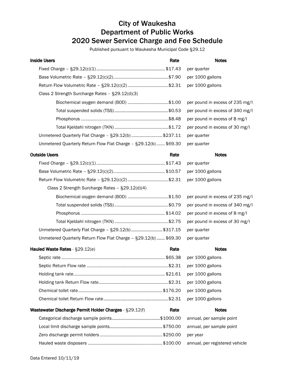 City of Waukesha Department of Public Works 2020 Sewer Service Charge and Fee Schedule Published Pursuant to Waukesha Municipal Code §29.12