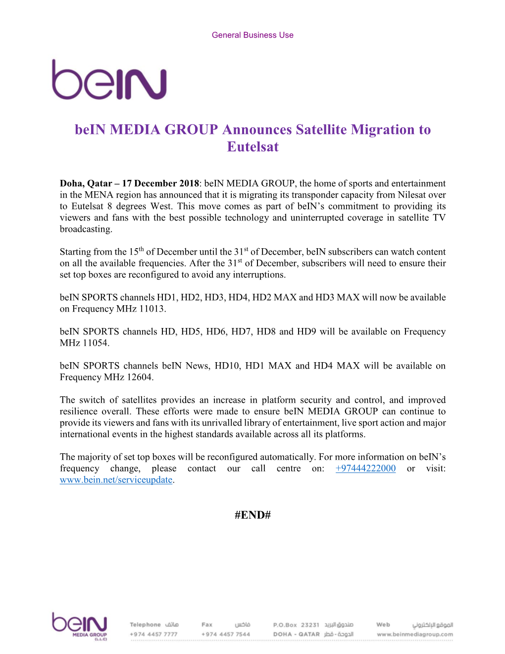 Bein MEDIA GROUP Announces Satellite Migration to Eutelsat