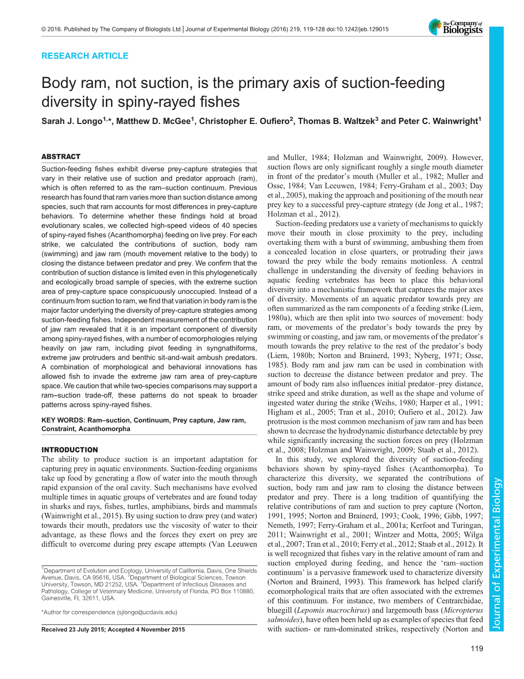 Body Ram, Not Suction, Is the Primary Axis of Suction-Feeding Diversity in Spiny-Rayed Fishes Sarah J