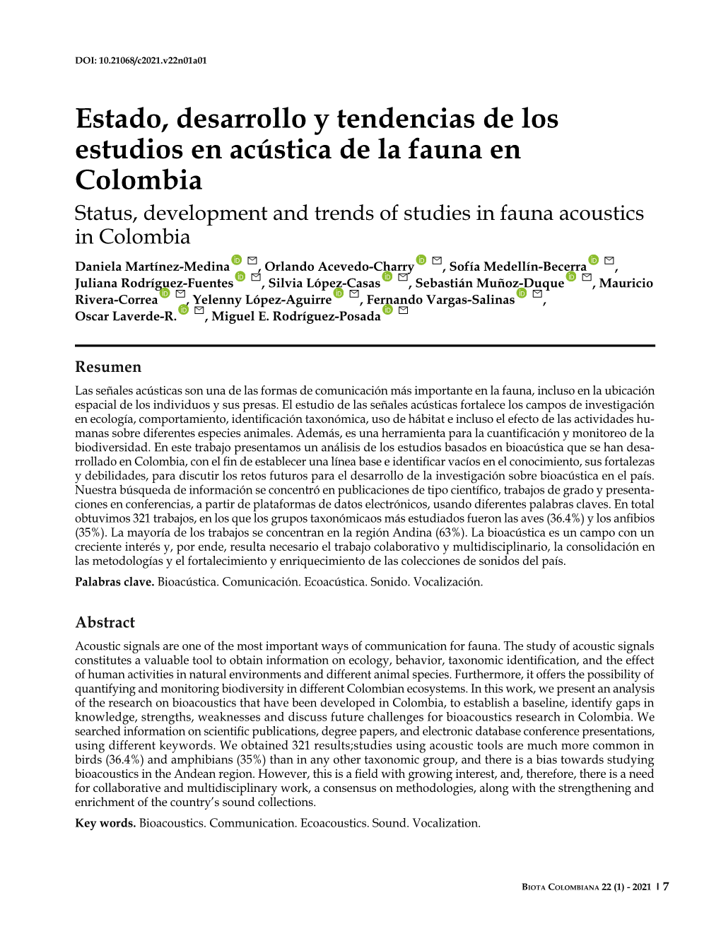 Estado, Desarrollo Y Tendencias De Los Estudios En Acústica De La Fauna En