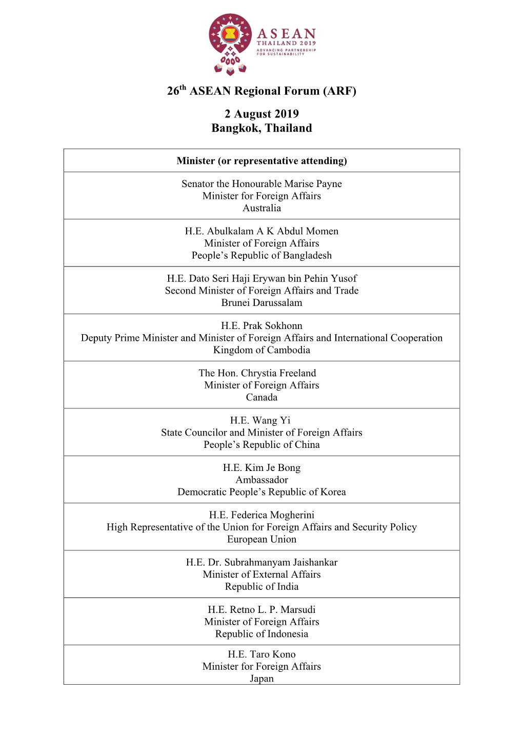 26Th ASEAN Regional Forum (ARF) 2 August 2019 Bangkok, Thailand