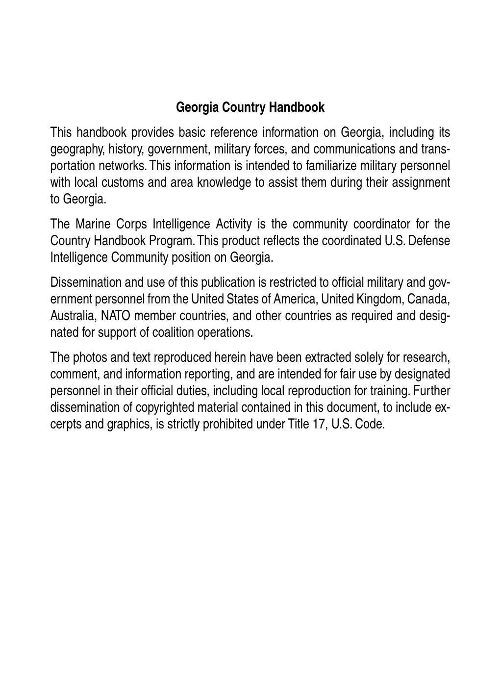 Georgia Country Handbook This Handbook Provides Basic Reference Information on Georgia, Including Its Geography, History, Govern