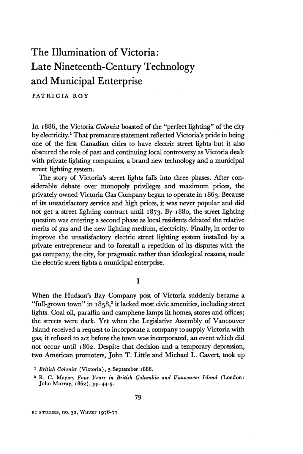 The Illumination of Victoria : Late Nineteenth-Century Technology and Municipal Enterprise