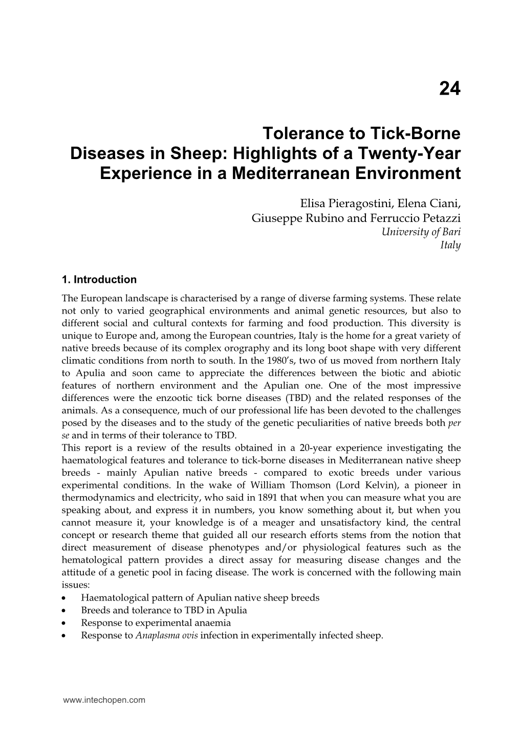 Tolerance to Tick-Borne Diseases in Sheep: Highlights of a Twenty-Year Experience in a Mediterranean Environment