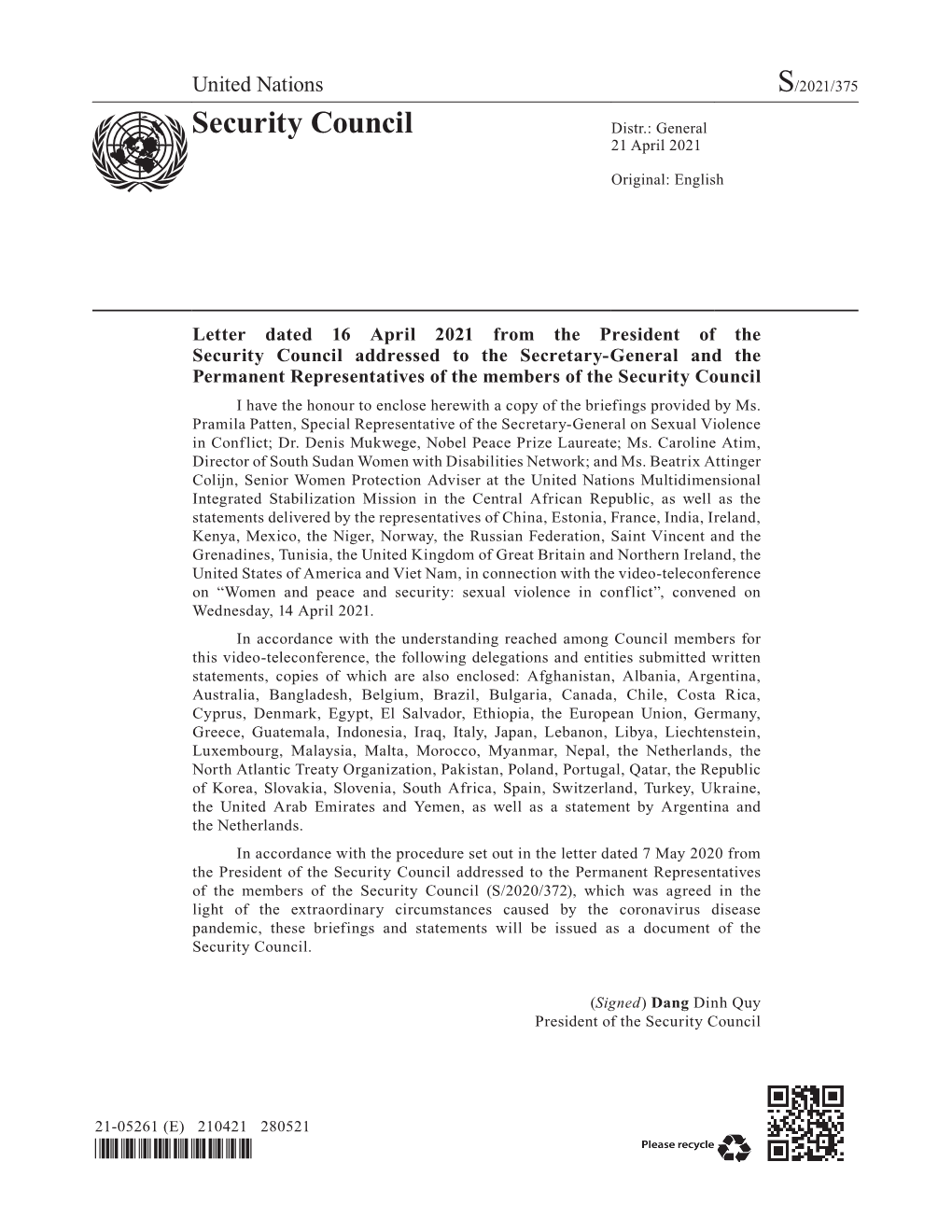 Letter Dated 16 April 2021 from the President of the Security Council