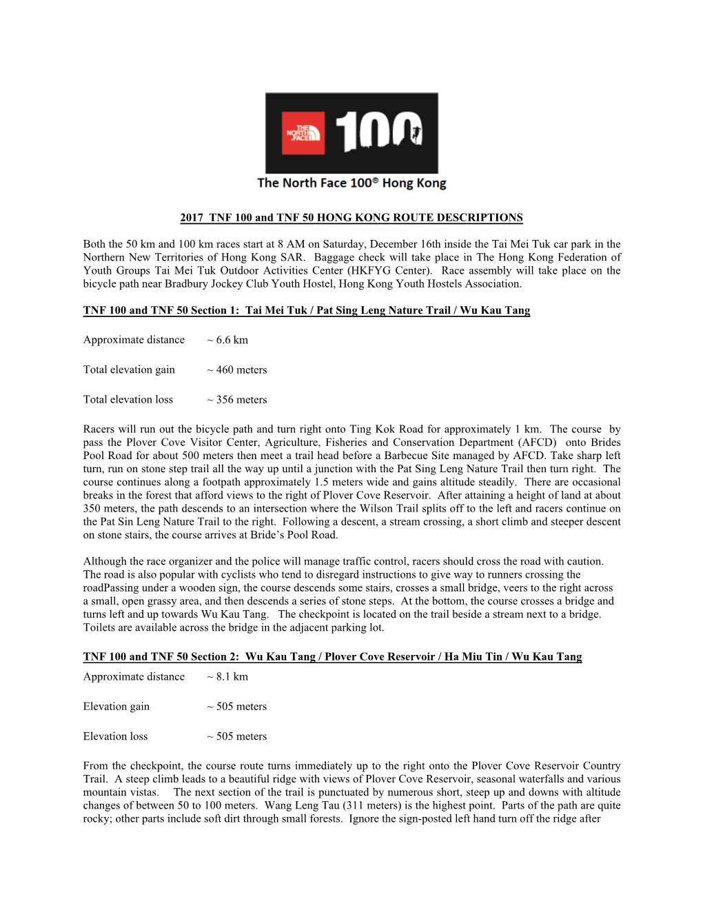 TNF 100 and TNF 50 Hong Kong Route Descriptions