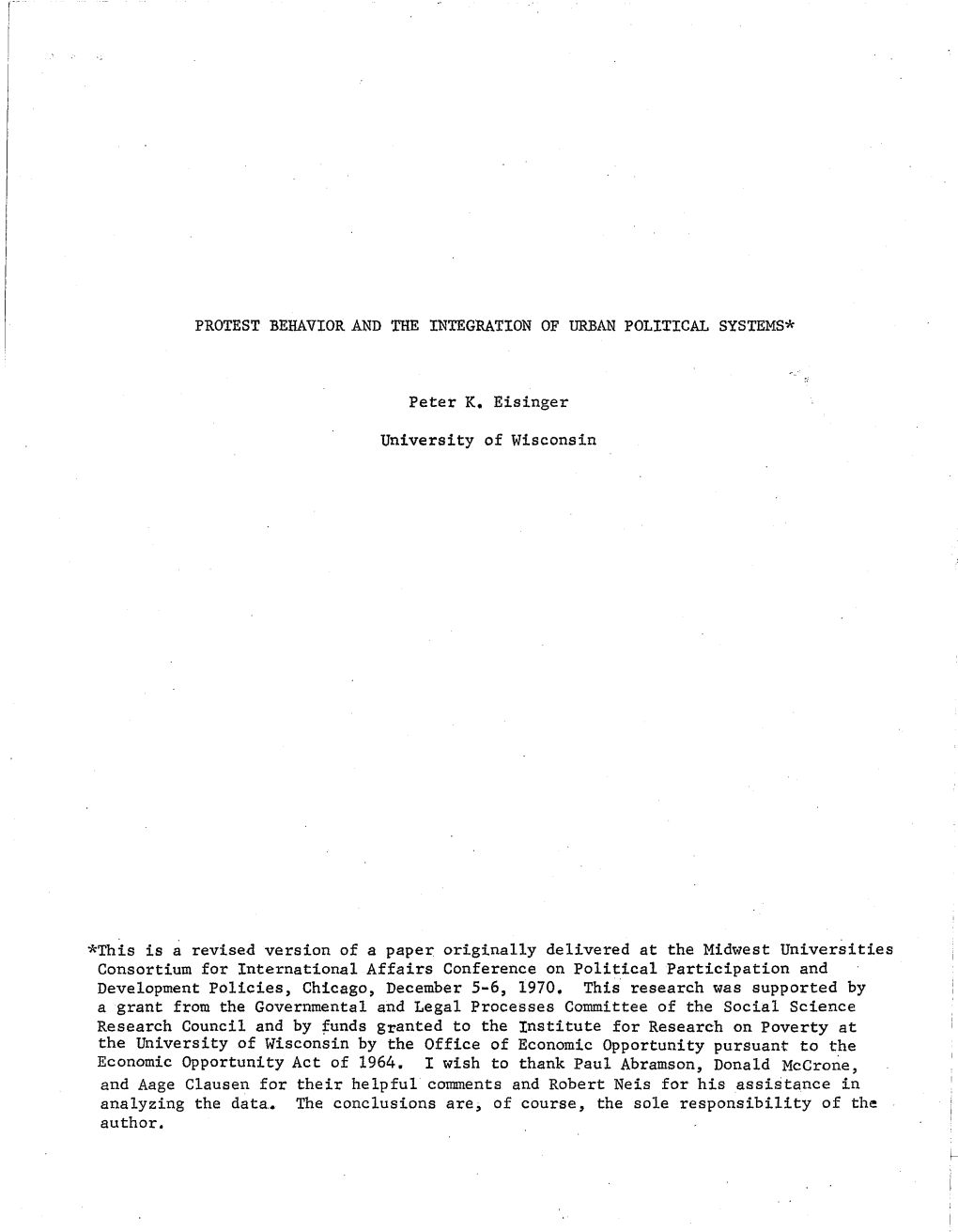 Protest Behavior and the Integration of Urban Political Systems*