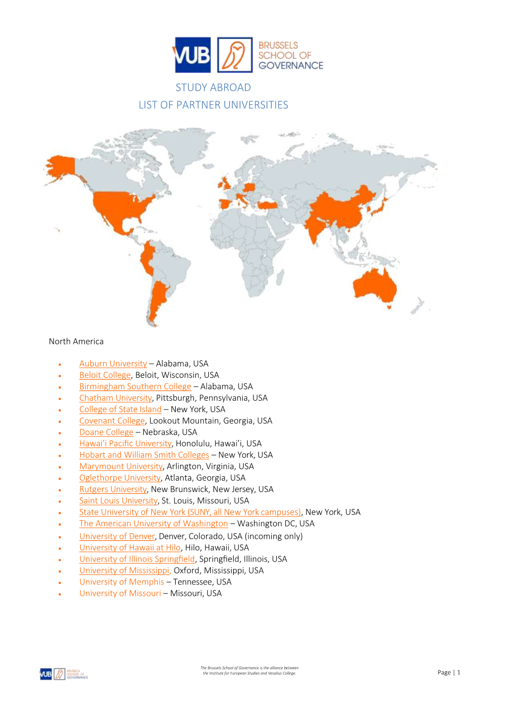 Study Abroad List of Partner Universities