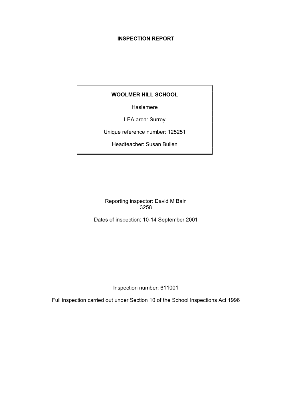 INSPECTION REPORT WOOLMER HILL SCHOOL Haslemere LEA Area: Surrey Unique Reference Number: 125251 Headteacher: Susan Bullen Repor