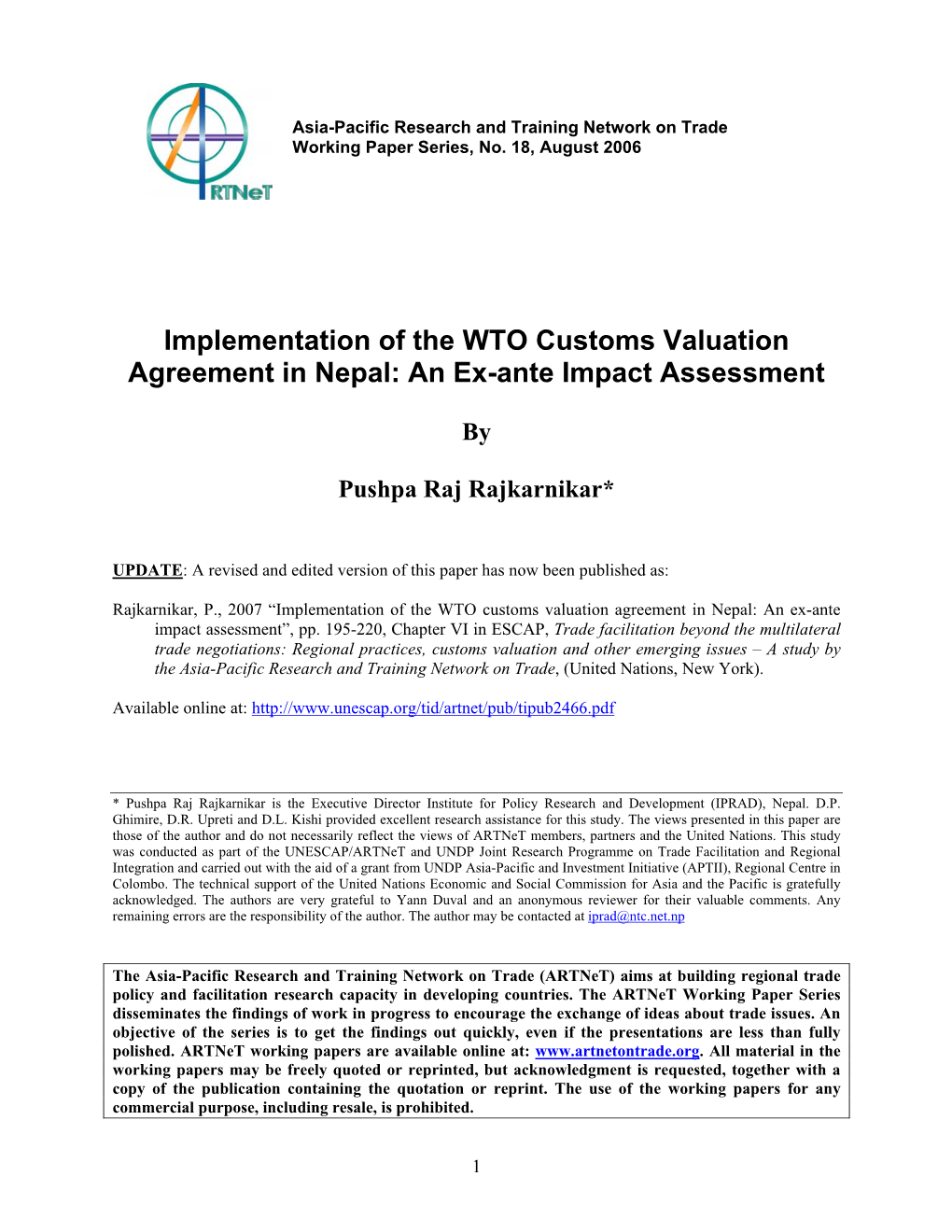 Implementation of the WTO Customs Valuation Agreement in Nepal: an Ex-Ante Impact Assessment