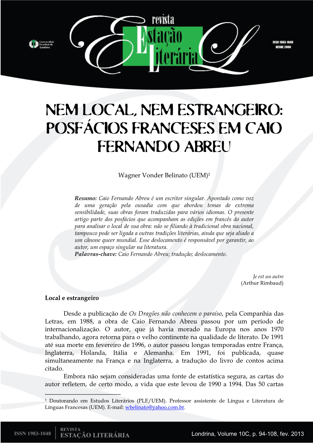 Nem Local, Nem Estrangeiro: Posfácios Franceses Em Caio Fernando Abreu