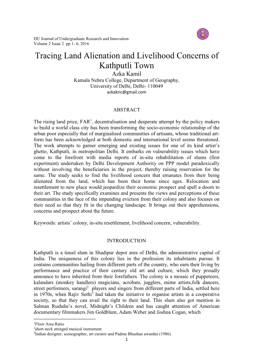 Tracing Land Alienation and Livelihood Concerns of Kathputli