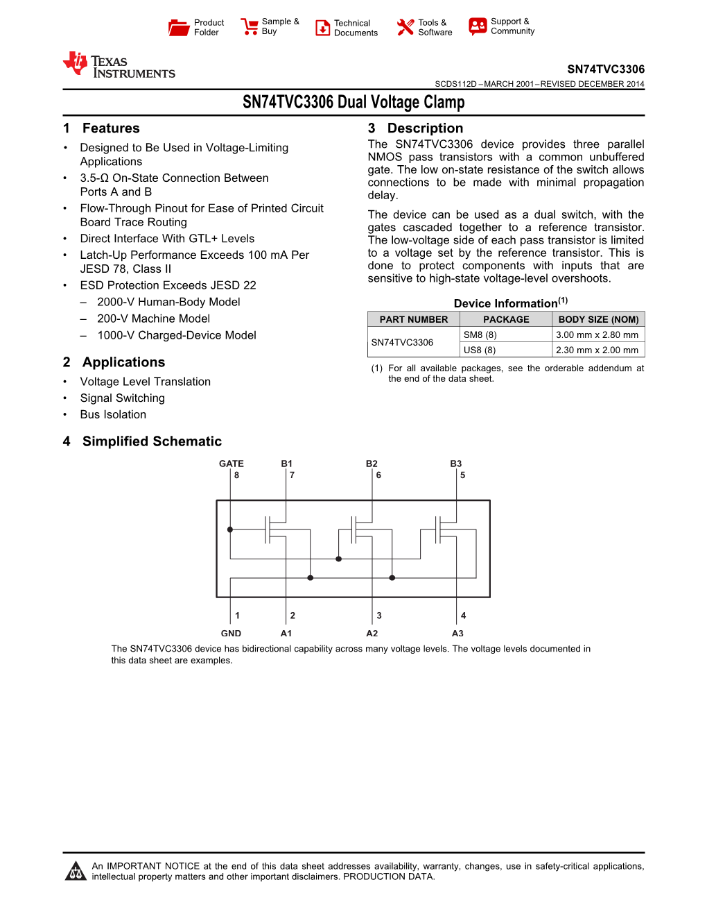 SN74TVC3306 Dual Voltage Clamp Datasheet