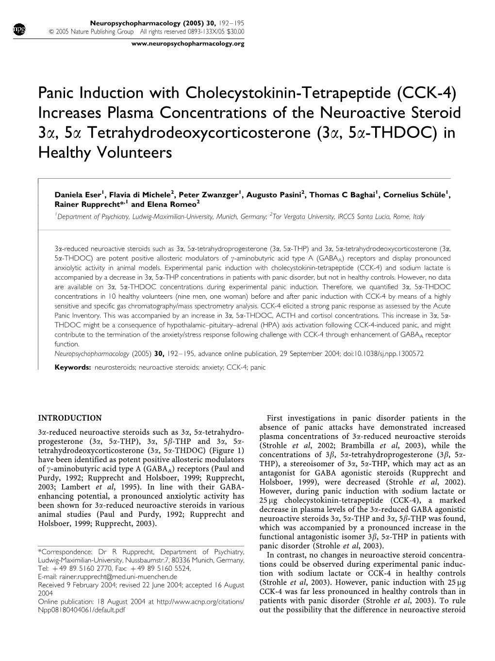 Increases Plasma Concentrations of the Neuroactive Steroid 3A,5A Tetrahydrodeoxycorticosterone (3A,5A-THDOC) in Healthy Volunteers