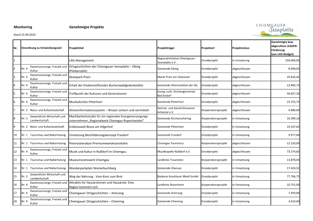 Monitoring Genehmigte Projekte