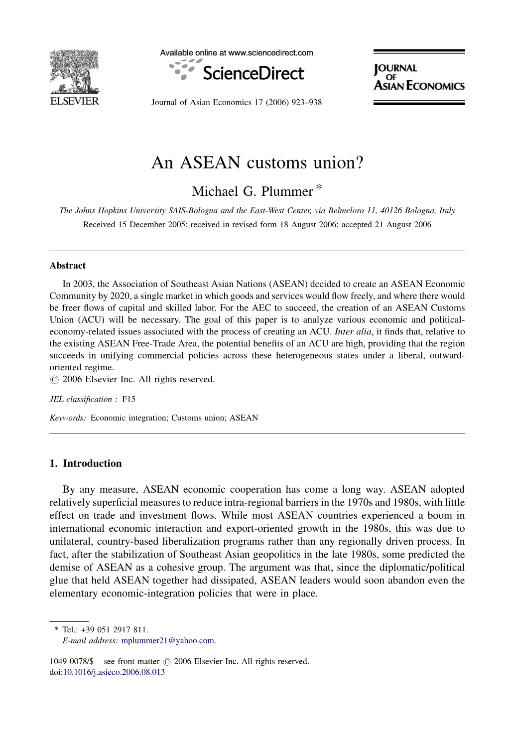 An ASEAN Customs Union? Michael G