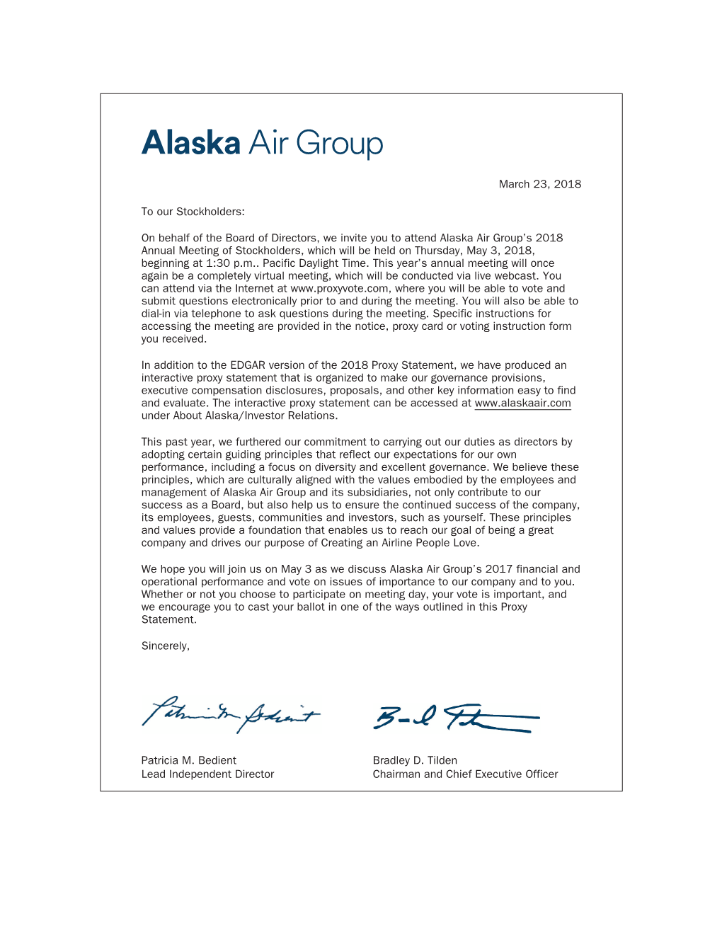 Alaska Air Group’S 2018 Annual Meeting of Stockholders, Which Will Be Held on Thursday, May 3, 2018, Beginning at 1:30 P.M