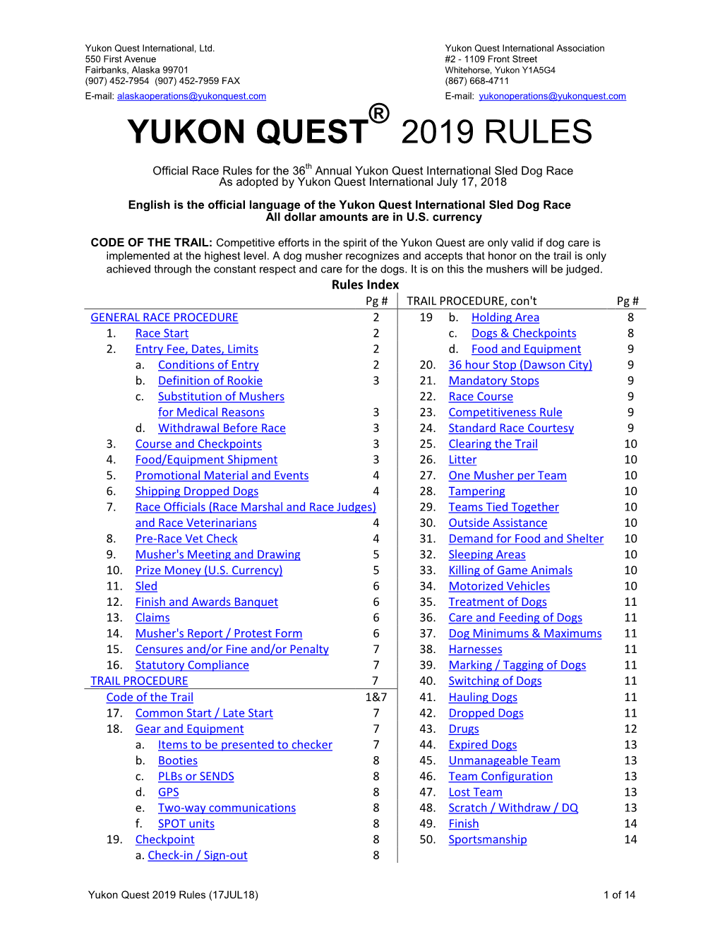 Yukon Quest 2019 Rules