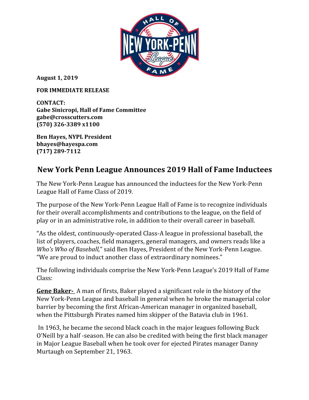 New York Penn League Announces 2019 Hall of Fame Inductees