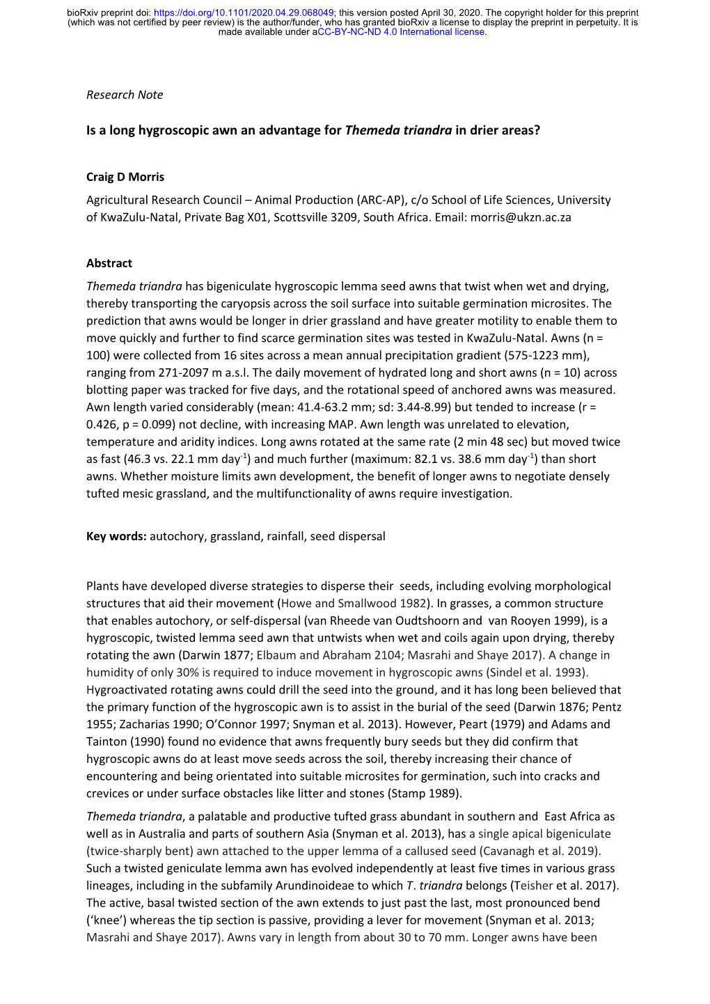 Is a Long Hygroscopic Awn an Advantage for Themeda Triandra in Drier Areas?