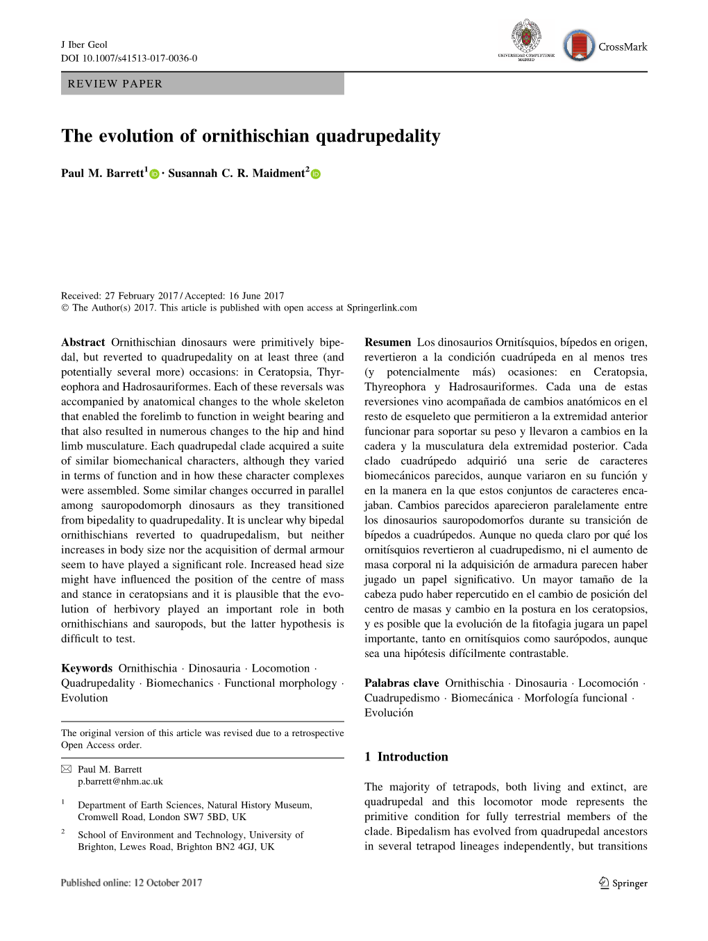 The Evolution of Ornithischian Quadrupedality