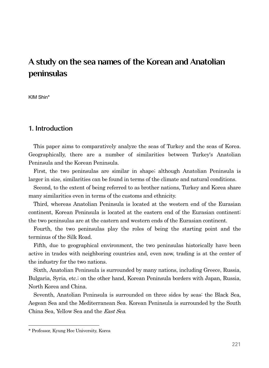 A Study on the Sea Names of the Korean and Anatolian Peninsulas