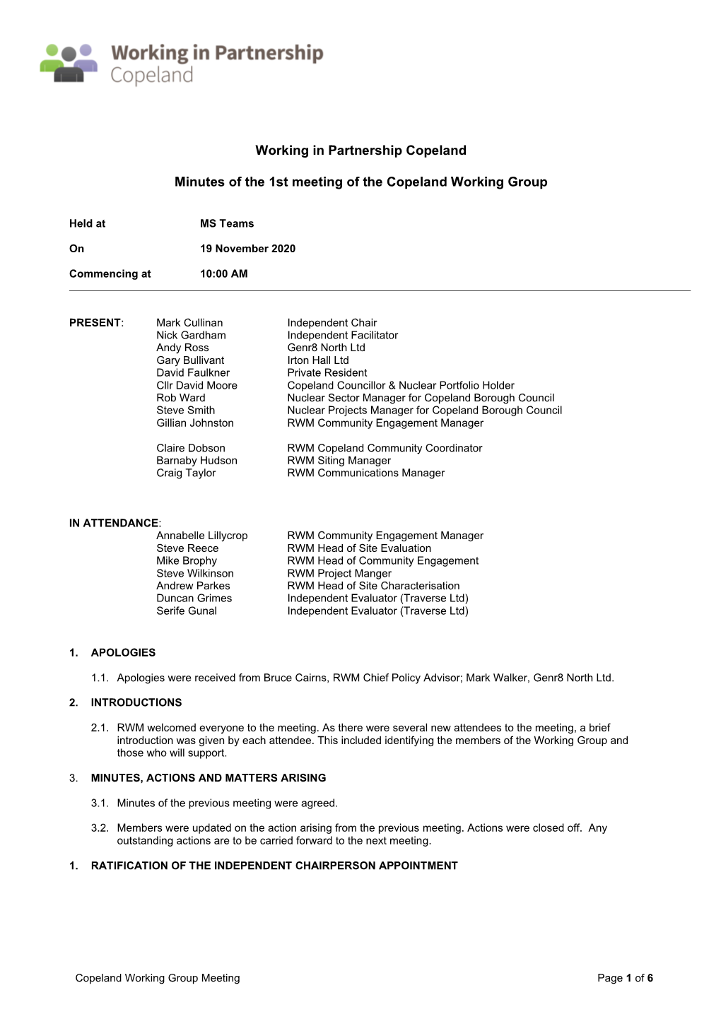 Minutes of the 1St Meeting of the Copeland Working Group