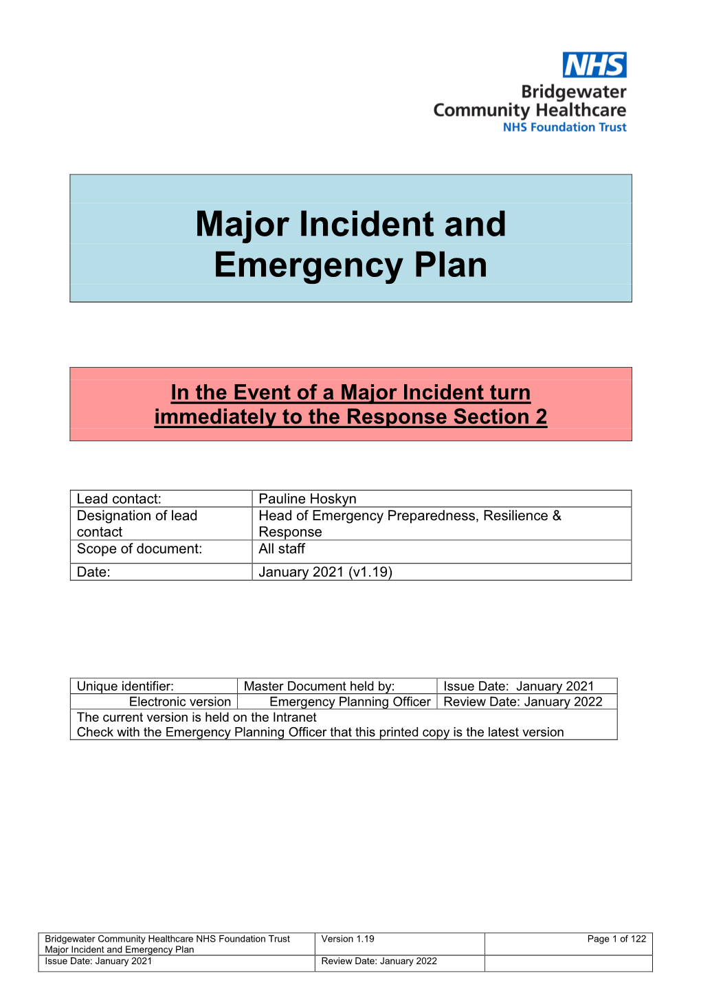 Major Incident and Emergency Plan
