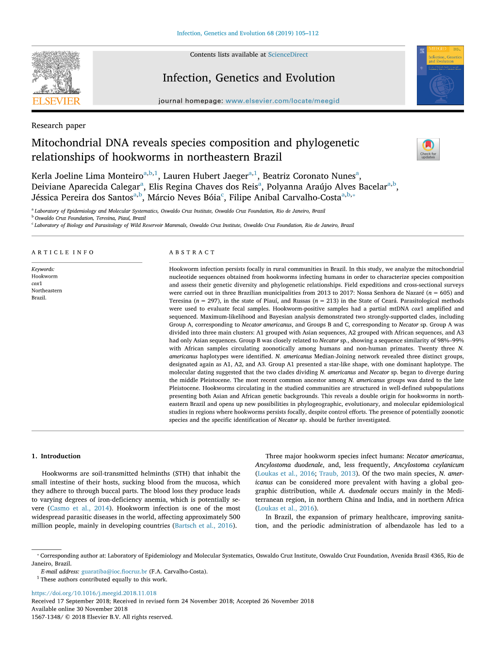 Mitochondrial DNA Reveals Species Composition and Phylogenetic Relationships of Hookworms in Northeastern Brazil T