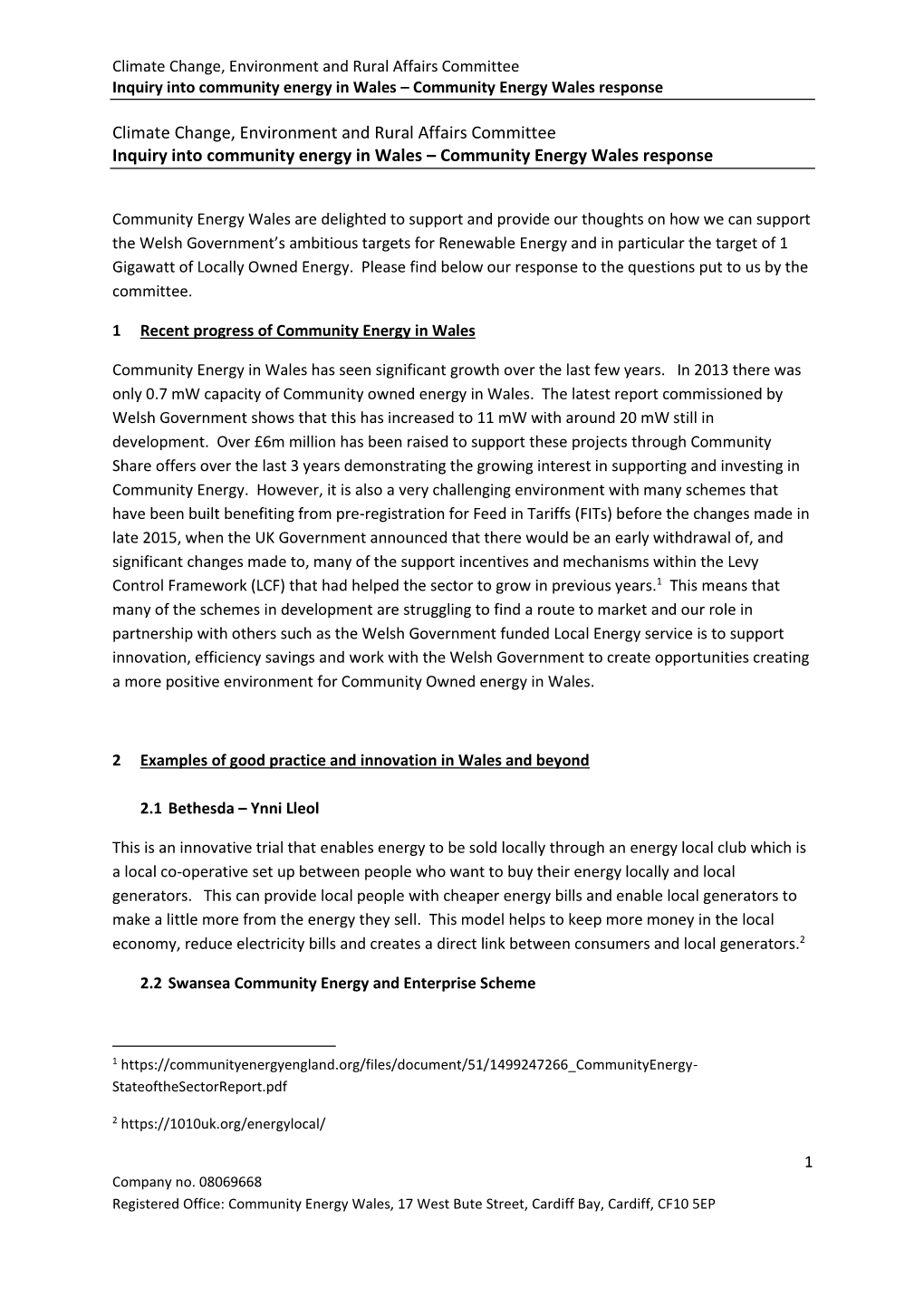 Climate Change, Environment and Rural Affairs Committee Inquiry Into Community Energy in Wales – Community Energy Wales Response