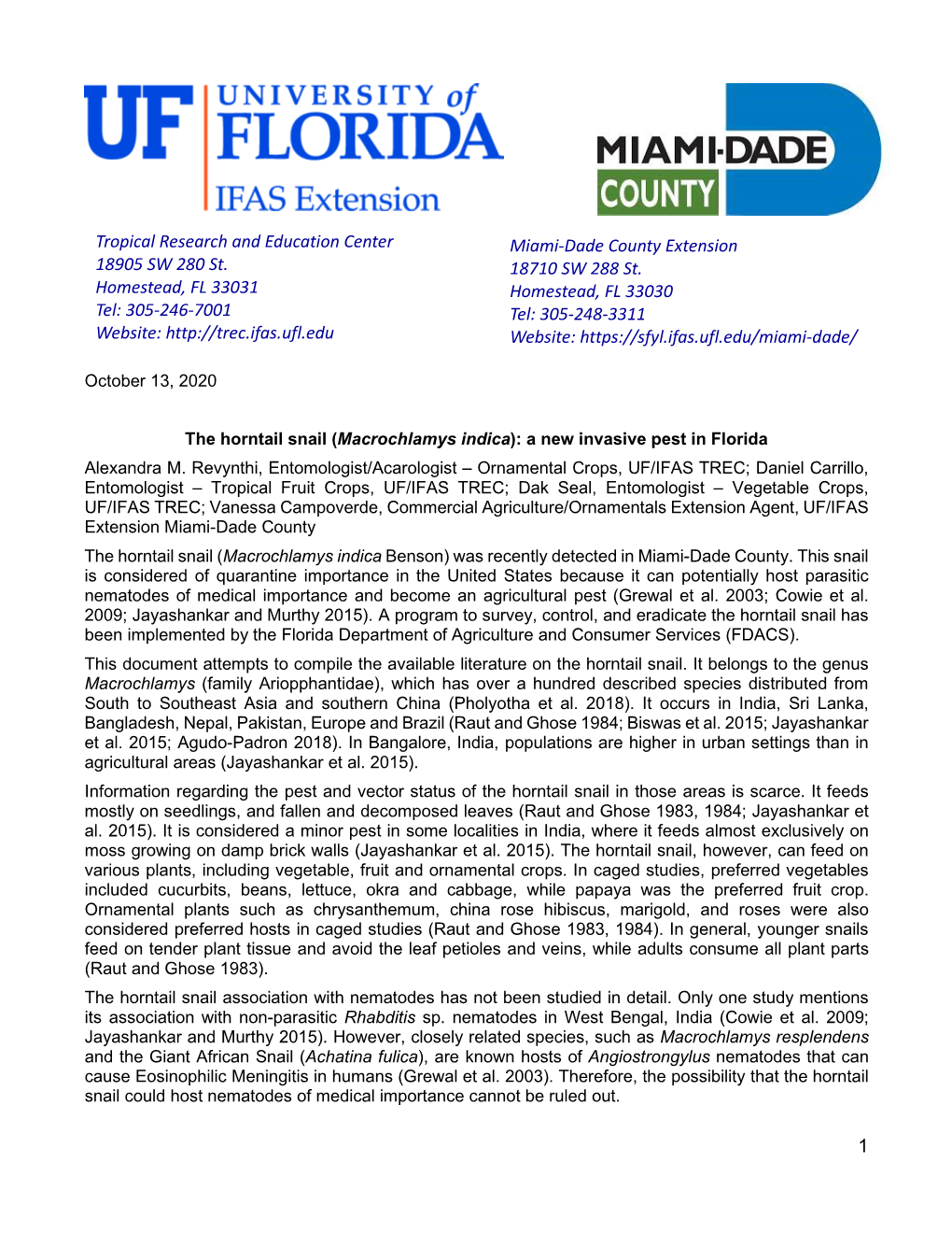 The Horntail Snail ( Macrochlamys Indica ): a New Invasive Pest in Florida