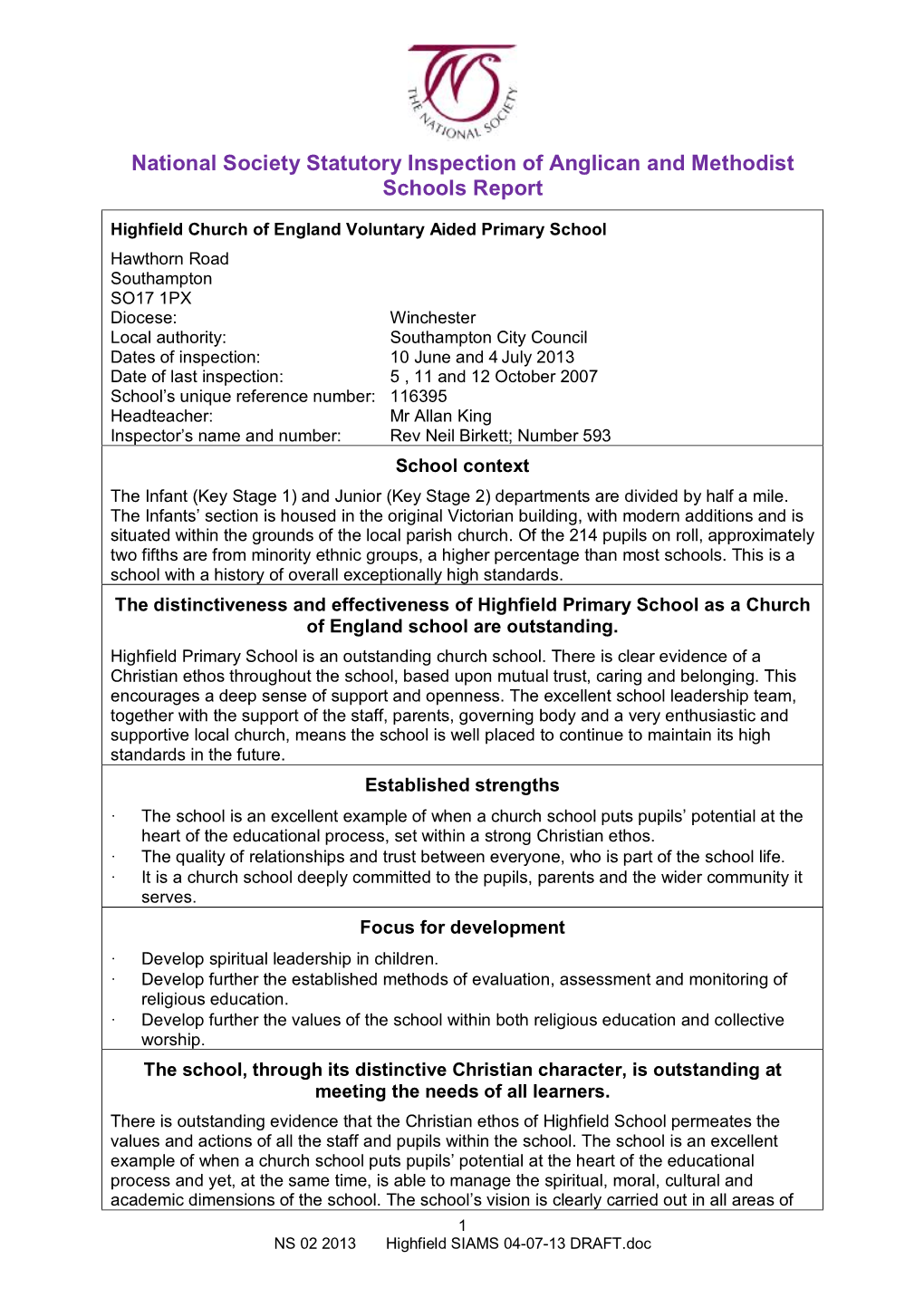 Highfield SIAMS 04-07-13 DRAFT