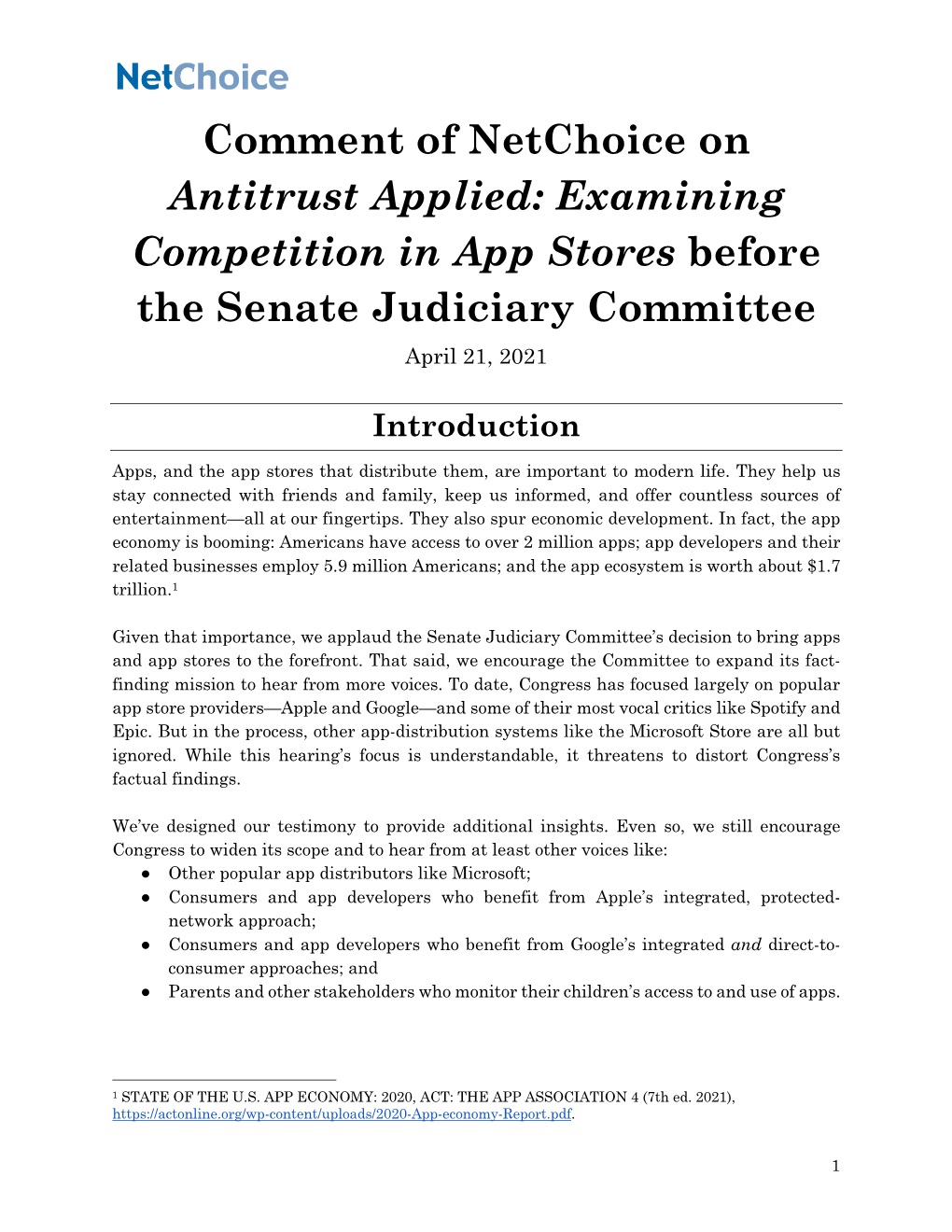 Examining Competition in App Stores Before the Senate Judiciary Committee April 21, 2021