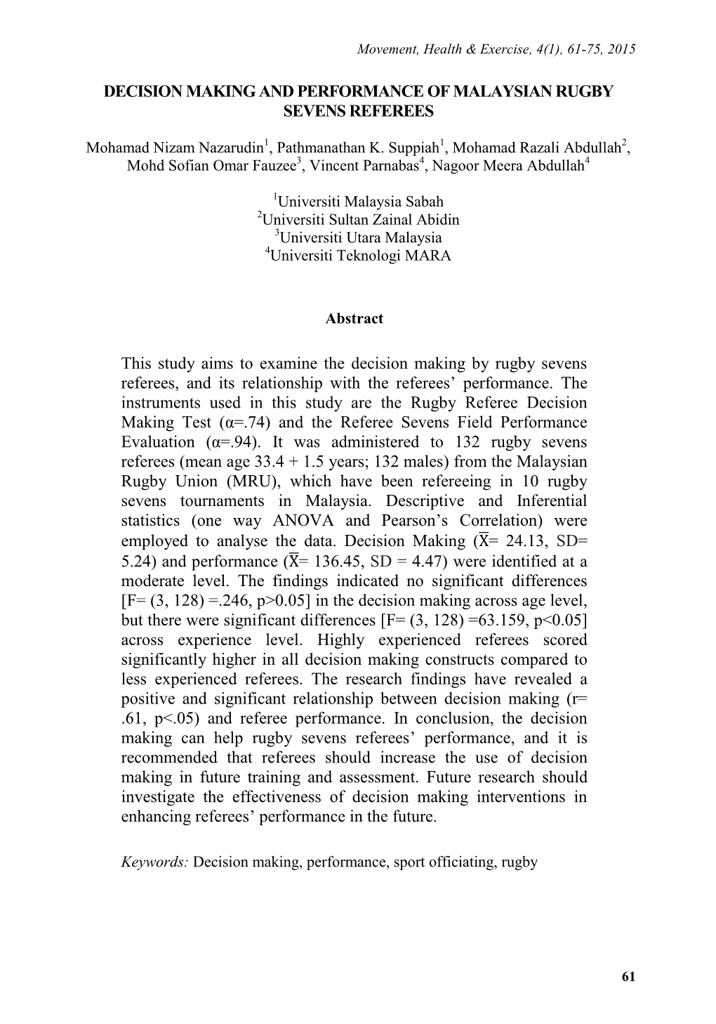 Decision Making and Performance of Malaysian Rugby Sevens Referees.Pdf