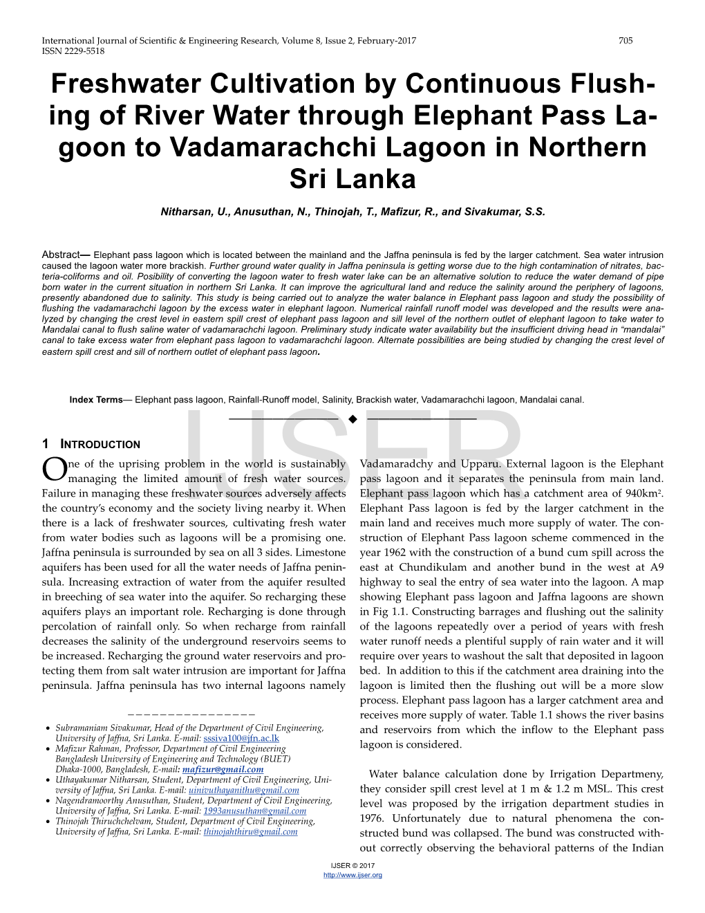 Freshwater Cultivation by Continuous Flush-Ing of River Water Through Elephant Pass La-Goon to Vadamarachchi Lagoon in Northern