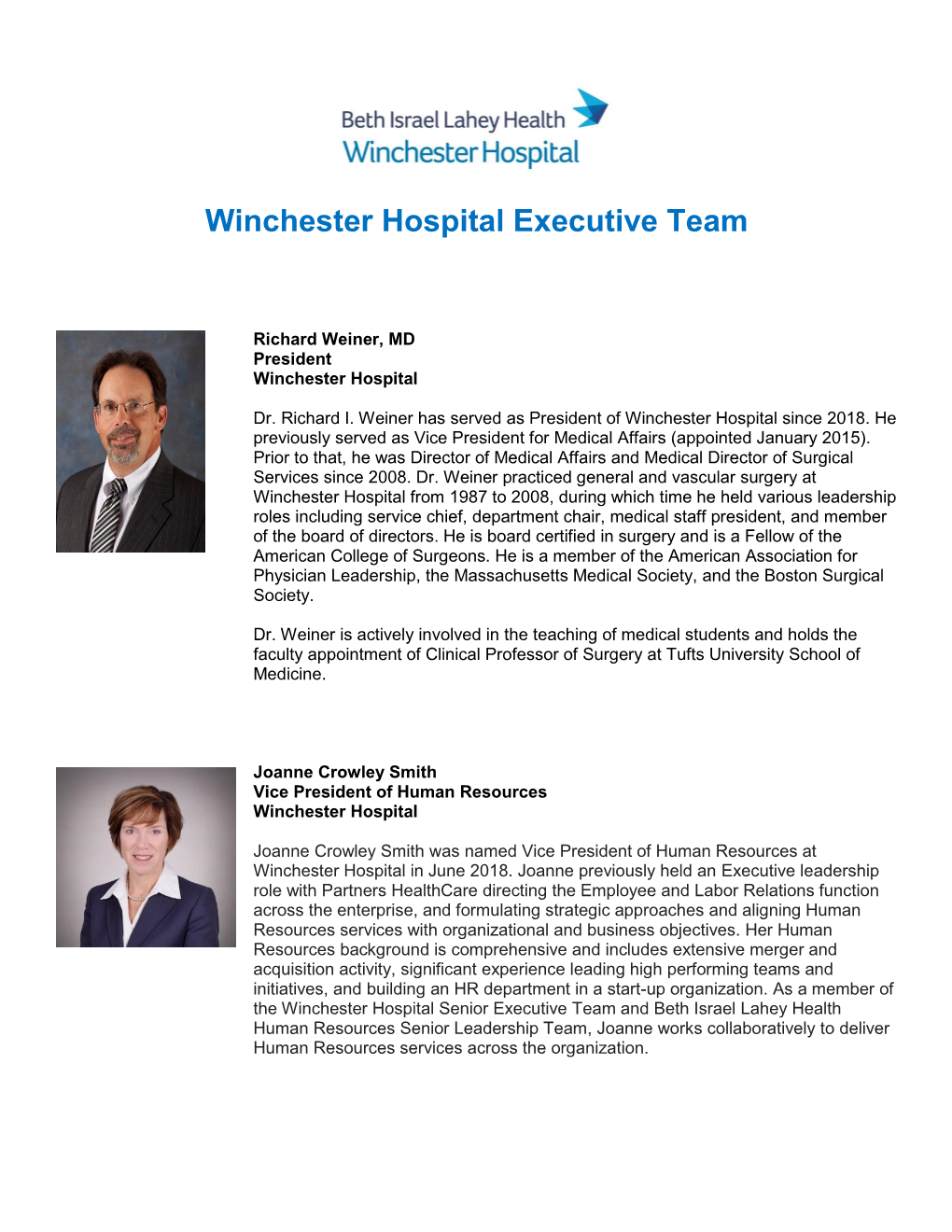 Winchester Hospital Executive Team
