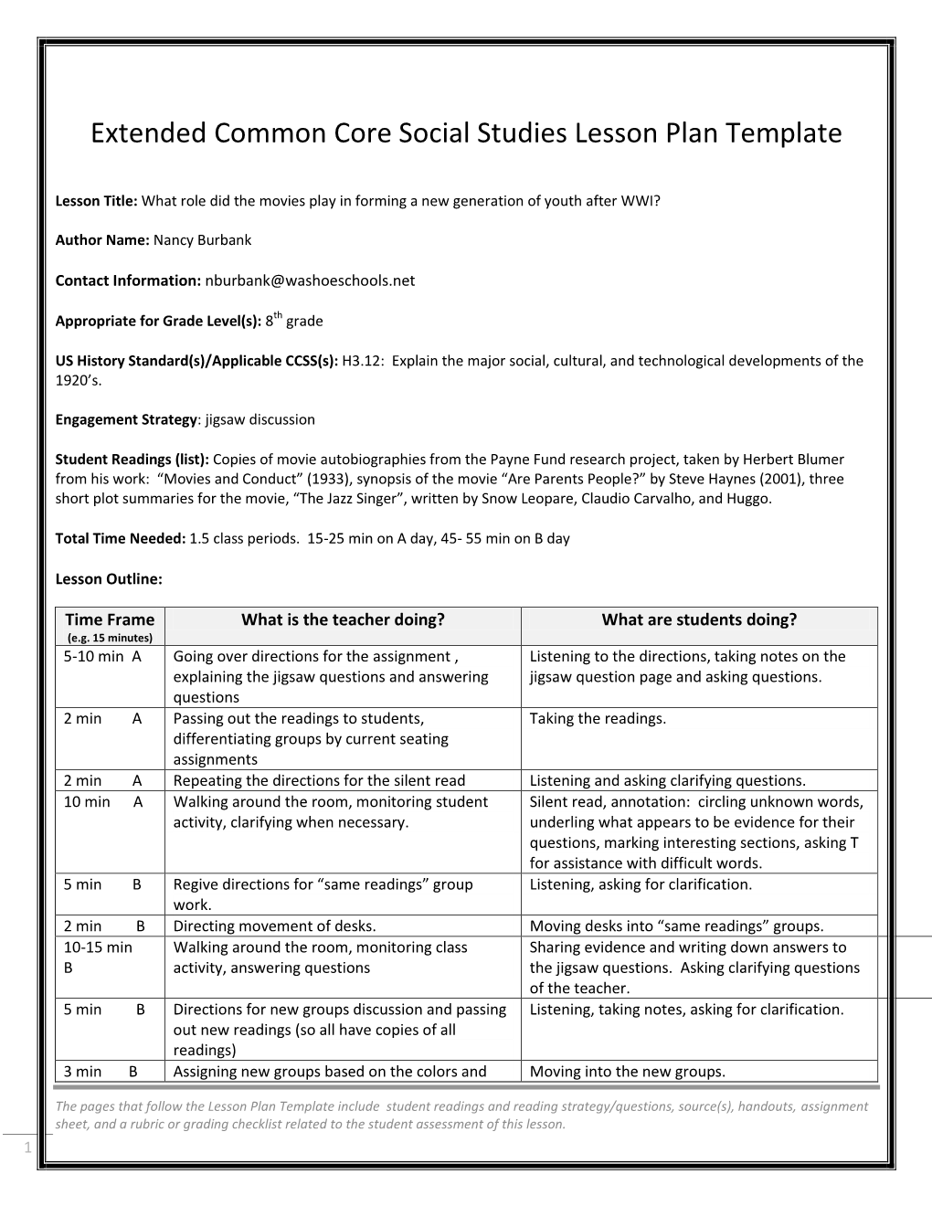 Extended Common Core Social Studies Lesson Plan Template