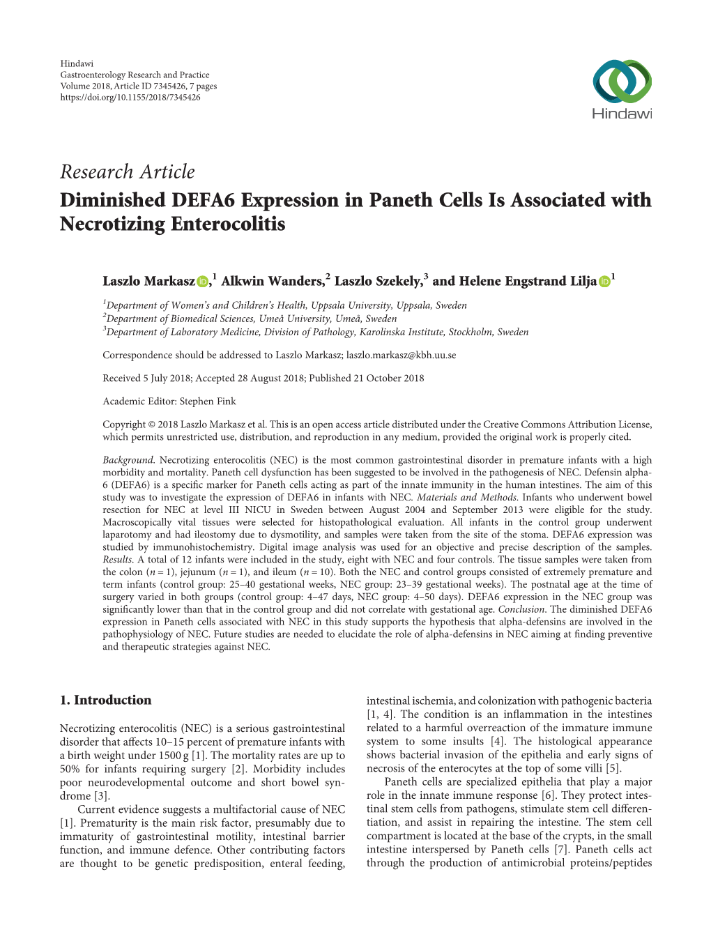 Diminished DEFA6 Expression in Paneth Cells Is Associated with Necrotizing Enterocolitis