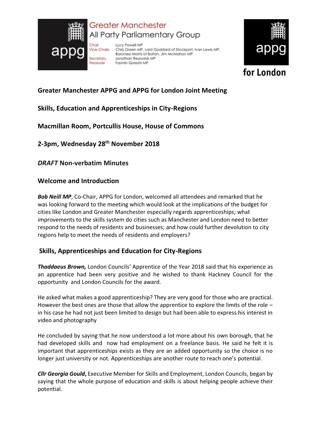 Greater Manchester APPG and APPG for London Joint Meeting Skills, Education And