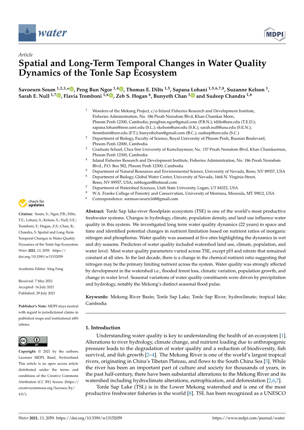 Spatial and Long-Term Temporal Changes in Water Quality Dynamics of the Tonle Sap Ecosystem