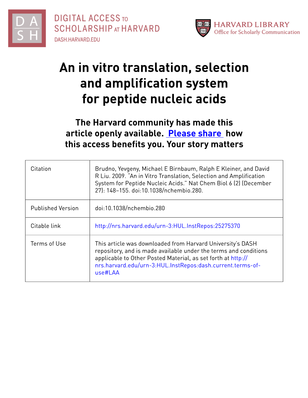 An in Vitro Translation, Selection and Amplification System for Peptide Nucleic Acids