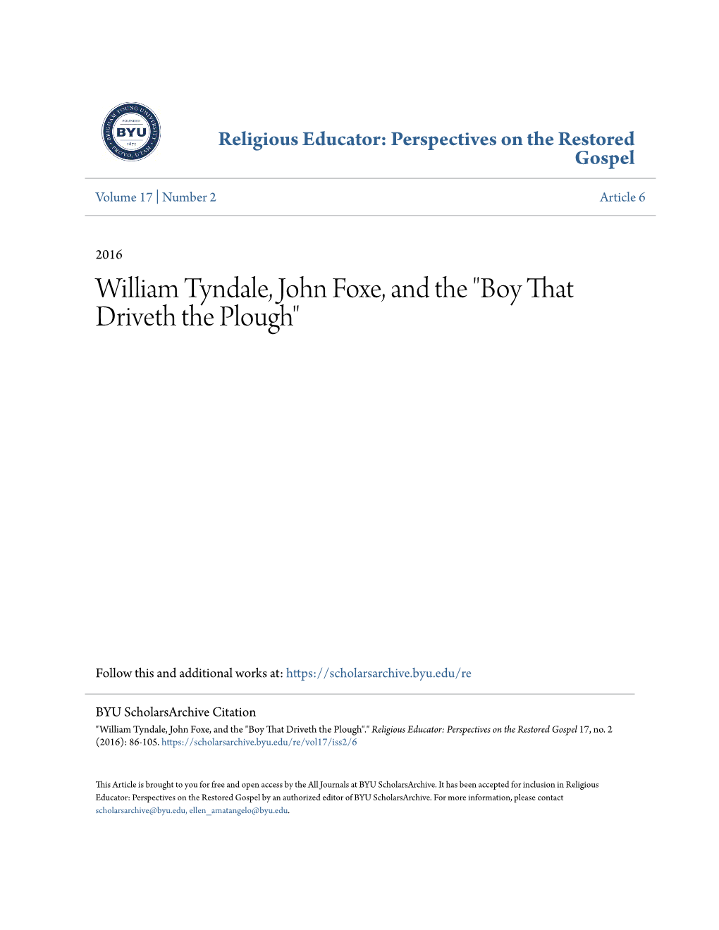 William Tyndale, John Foxe, and the "Boy That Driveth the Plough"