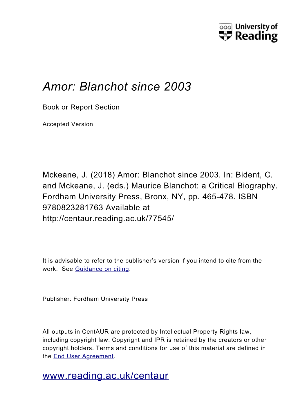 Amor: Blanchot Since 2003