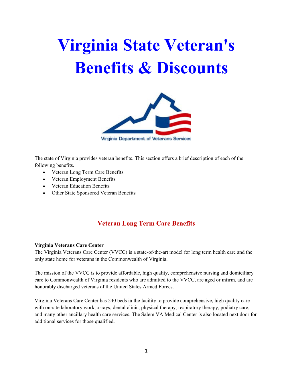 Virginia State Veteran's Benefits & Discounts