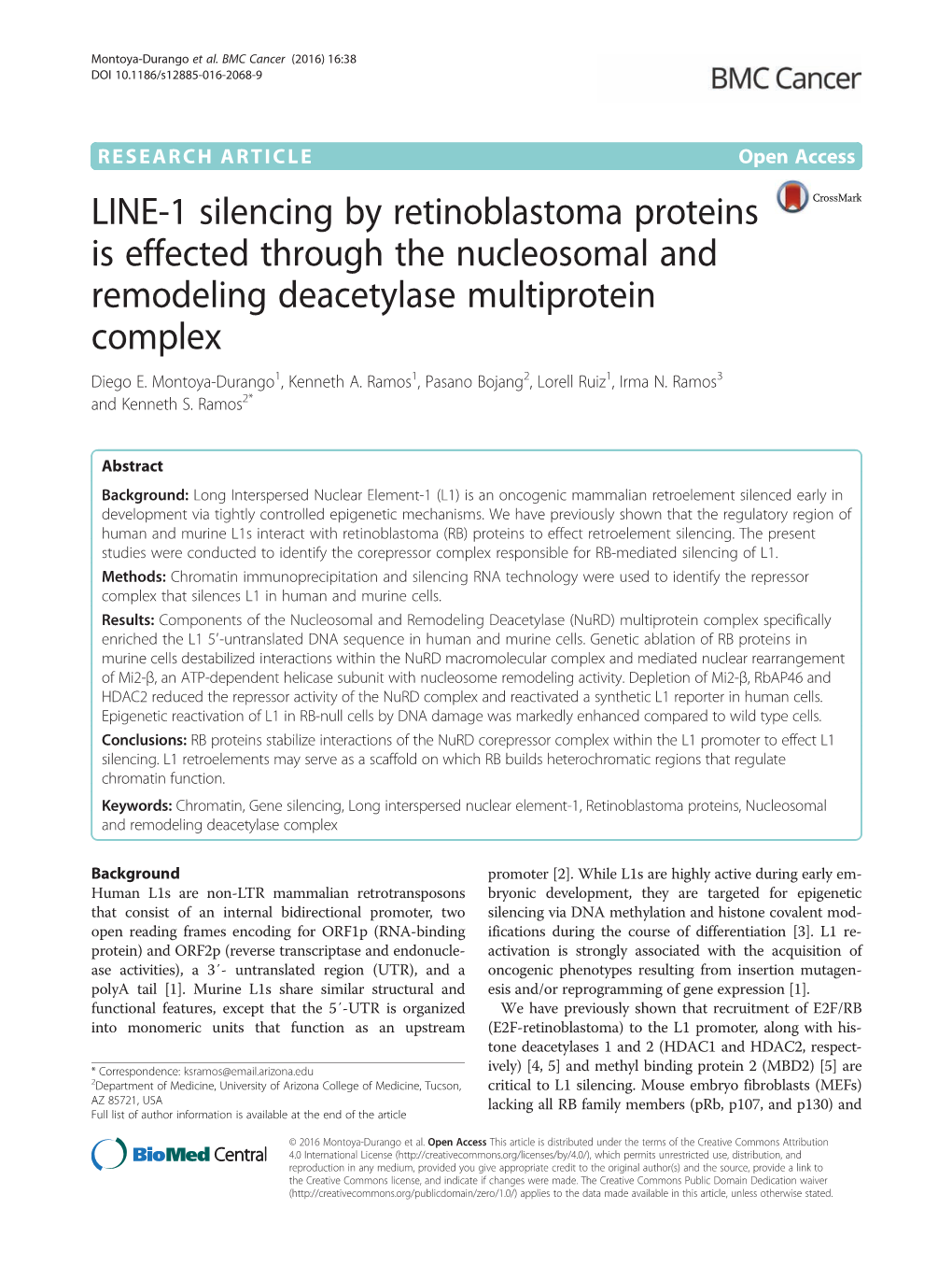 LINE-1 Silencing by Retinoblastoma Proteins Is Effected Through the Nucleosomal and Remodeling Deacetylase Multiprotein Complex Diego E