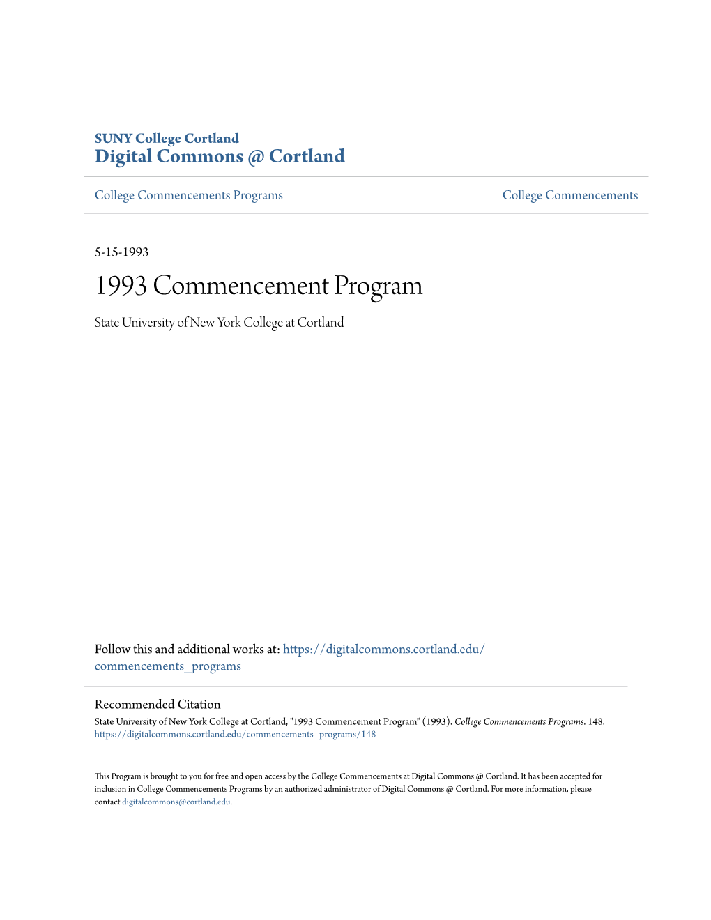1993 Commencement Program State University of New York College at Cortland