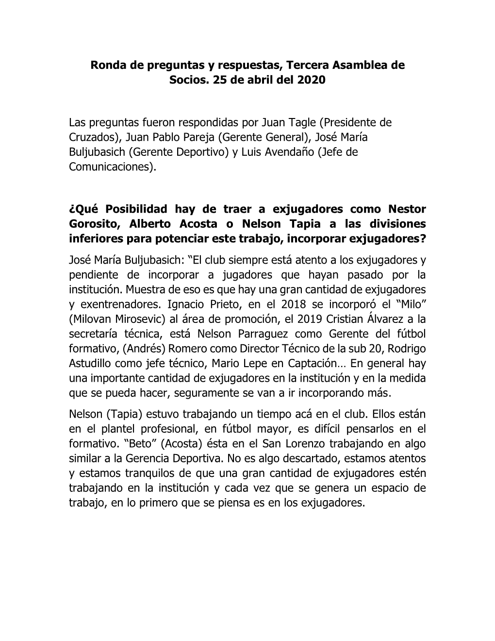 Ronda De Preguntas Y Respuestas, Tercera Asamblea De Socios. 25 De Abril Del 2020